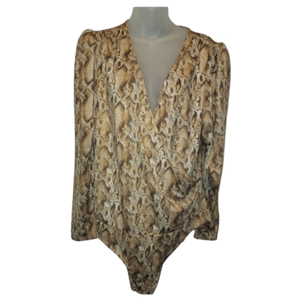 Fashion to Figure; Women's Snake Print Faux Wrap Bodysuit, Sz 1X